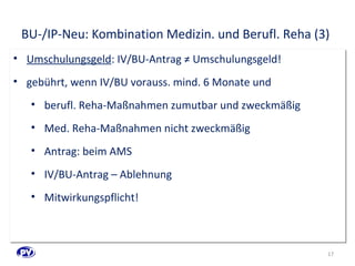BU-/IP-Neu: Kombination Medizin. und Berufl. Reha (3) 
• Umschulungsgeld: IV/BU-Antrag ≠ Umschulungsgeld! 
• gebührt, wenn IV/BU vorauss. mind. 6 Monate und 
• berufl. Reha-Maßnahmen zumutbar und zweckmäßig 
• Med. Reha-Maßnahmen nicht zweckmäßig 
• Antrag: beim AMS 
• IV/BU-Antrag – Ablehnung 
• Mitwirkungspflicht! 
17 
 