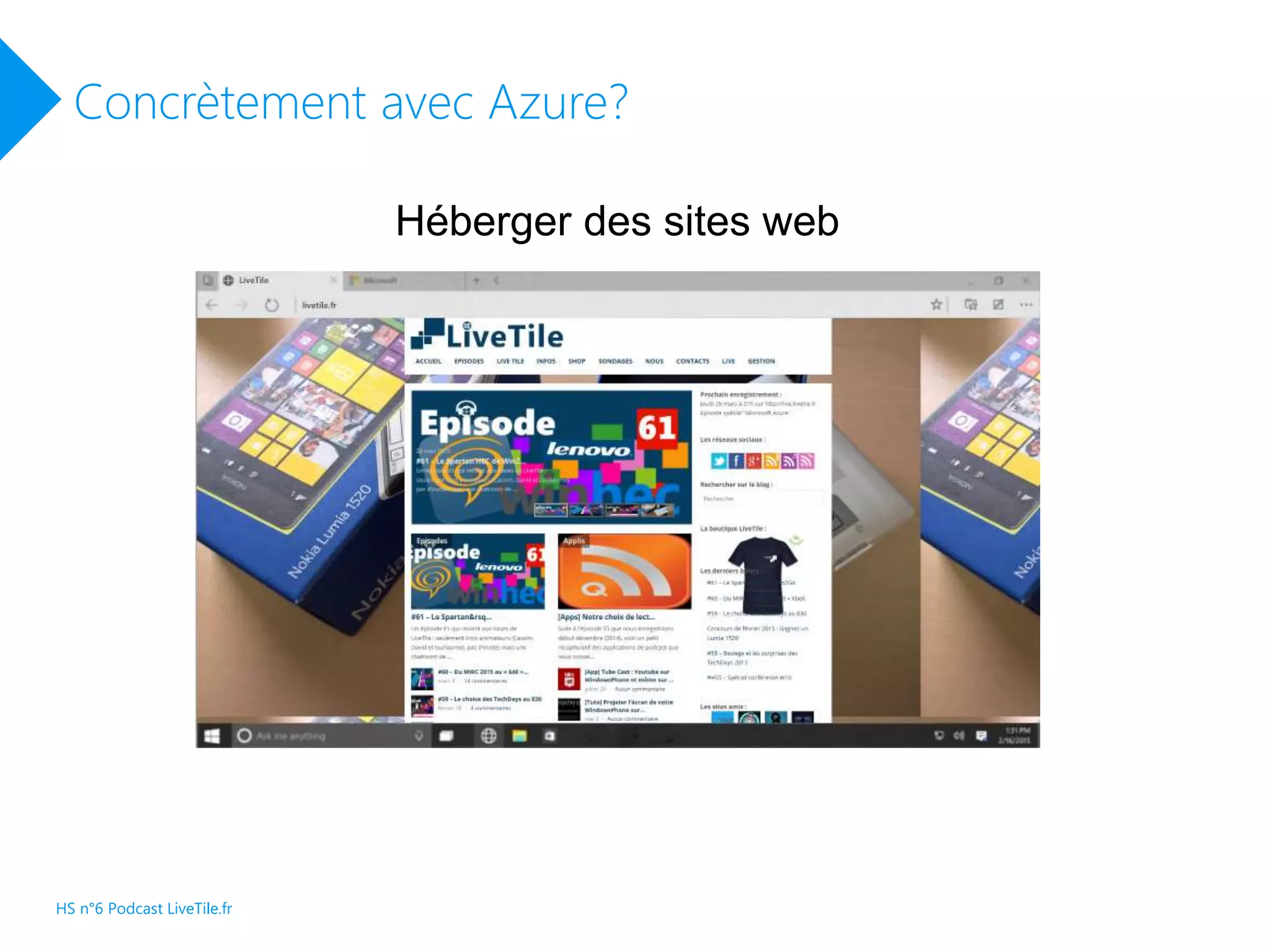 Concrètement avec Azure?
Héberger des sites web
HS n°6 Podcast LiveTile.fr
 