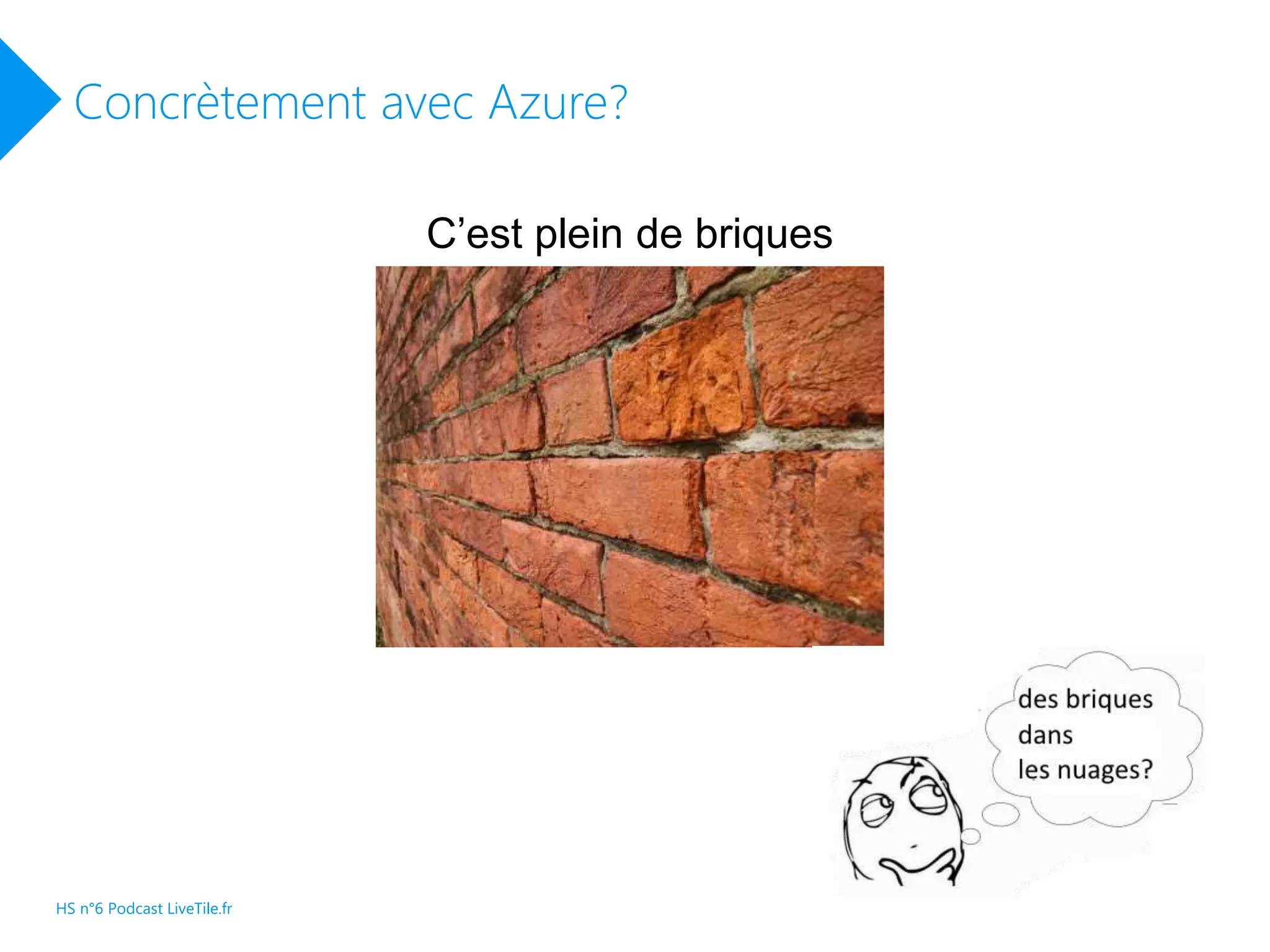 Concrètement avec Azure?
C’est plein de briques
HS n°6 Podcast LiveTile.fr
 