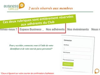 2 accès réservés aux membres
Pour y accéder, connectez vous à l’aide de votre
identifiant et de votre mot de passe personnel*
*Ceux-ci figurent sur votre courrier de confirmation d’adhésion
 