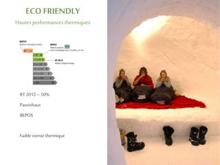 RT2012– 50%
Passivhaus
BEPOS
ECO FRIENDLY
Hautes performances thermiques
Faible inertie thermique
 