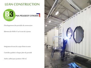 LEAN CONSTRUCTION
Développement des procédés de construction
Bâtiment de 4500 m2 sur le site de La Janais
Intégration de tous les corps d’état en usine
Contrôles qualités à chaque jalon du procédé
Atelier calibrépour produire100 m2
 