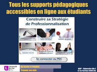 Du lycée à l’emploi
Trouver ma voie
Tous les supports pédagogiques
accessibles en ligne aux étudiants
BAIP – Université Lille 2
42 rue Paul Duez 59000 Lille
 