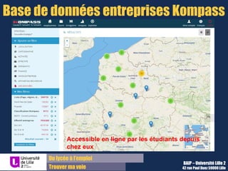 Du lycée à l’emploi
Trouver ma voie
BAIP – Université Lille 2
42 rue Paul Duez 59000 Lille
Base de données entreprises Kompass
Accessible en ligne par les étudiants depuis
chez eux
 