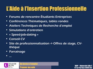 Du lycée à l’emploi
Trouver ma voie
L’Aide à l’Insertion Professionnelle
• Forums de rencontre Étudiants Entreprises
• Conférences Thématiques, tables rondes
• Ateliers Techniques de Recherche d’emploi
• Simulations d’entretien
• « Speed-job-dating »
• Conseil CV
• Site de professionnalisation -> Offres de stage, CV-
thèque
• Parrainage
• …
BAIP – Université Lille 2
42 rue Paul Duez 59000 Lille
 