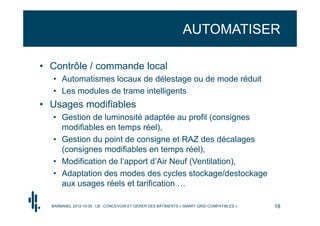 AUTOMATISER

• Contrôle / commande local
  • Automatismes locaux de délestage ou de mode réduit
  • Les modules de trame intelligents
• Usages modifiables
  • Gestion de luminosité adaptée au profil (consignes
    modifiables en temps réel),
  • Gestion du point de consigne et RAZ des décalages
    (consignes modifiables en temps réel),
  • Modification de l’apport d’Air Neuf (Ventilation),
  • Adaptation des modes des cycles stockage/destockage
    aux usages réels et tarification …

  BARBANEL 2012-10-05 : LB - CONCEVOIR ET GÉRER DES BÂTIMENTS « SMART GRID COMPATIBLES »   18
 