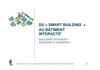 DU « SMART BUILDING »
                                 AU BÂTIMENT
                                 INTERACTIF
                                 QUELS SONT LES ENJEUX ?
                                 QUE RESTE-T-IL À INVENTER ?




BARBANEL 2012-10-05 : LB - CONCEVOIR ET GÉRER DES BÂTIMENTS « SMART GRID COMPATIBLES »   19
 