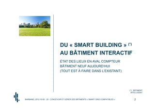 DU « SMART BUILDING » (*)
                                 AU BÂTIMENT INTERACTIF
                                 ÉTAT DES LIEUX EN AVAL COMPTEUR
                                 BÂTIMENT NEUF AUJOURD’HUI
                                 (TOUT EST À FAIRE DANS L’EXISTANT)




                                                                                         (*) : BÂTIMENT
                                                                                          INTELLIGENT


BARBANEL 2012-10-05 : LB - CONCEVOIR ET GÉRER DES BÂTIMENTS « SMART GRID COMPATIBLES »        2
 