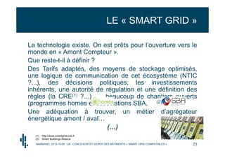 LE « SMART GRID »

La technologie existe. On est prêts pour l’ouverture vers le
monde en « Amont Compteur ».
Que reste-t-il à définir ?
Des Tarifs adaptés, des moyens de stockage optimisés,
une logique de communication de cet écosystème (NTIC
?...), des décisions politiques, les investissements
inhérents, une autorité de régulation et une définition des
règles (la CRE(1) ?...), … beaucoup de chantiers ouverts
(programmes homes et associations SBA, (2)
Une adéquation à trouver, un métier d’agrégateur
énergétique amont / aval…
                            (…)
  (1) : http://www.smartgrids-cre.fr
  (2) : Smart Buildings Alliance
  BARBANEL 2012-10-05 : LB - CONCEVOIR ET GÉRER DES BÂTIMENTS « SMART GRID COMPATIBLES »   23
 