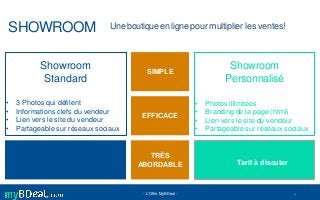 SHOWROOM
Tarif à discuter
- L'Offre MyBDeal -
TRÈS
ABORDABLE
EFFICACE
Showroom
Personnalisé
• Photos illimitées
• Branding...