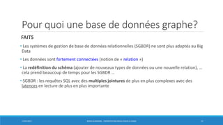 Pour quoi une base de données graphe?
FAITS
• Les systèmes de gestion de base de données relationnelles (SGBDR) ne sont plus adaptés au Big
Data
• Les données sont fortement connectées (notion de « relation »)
• La redéfinition du schéma (ajouter de nouveaux types de données ou une nouvelle relation), …
cela prend beaucoup de temps pour les SGBDR …
• SGBDR : les requêtes SQL avec des multiples jointures de plus en plus complexes avec des
latences en lecture de plus en plus importante
17/01/2017 BORIS GUARISMA - PRÉSENTATION NEO4J POUR LE CNAM 11
 