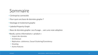 Sommaire
• L’entreprise connectée
• Pour quoi une base de données graphe ?
• Stockage et traitement graphe
• Labeled Property Graph
• Base de données graphe: cas d’usage … vers une vraie adoption
•Neo4j: autres informations « produit »
• Import des données
• Architecture
• Réplication: cohérence, Causal Clustering/Consistency
• Sharding
• Autres features
17/01/2017 BORIS GUARISMA - PRÉSENTATION NEO4J POUR LE CNAM 5
 