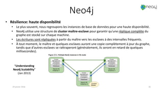 Neo4j
• Résilience: haute disponibilité
• Le plus souvent, nous regroupons les instances de base de données pour une haute disponibilité.
• Neo4j utilise une structure de cluster maître-esclave pour garantir qu'une réplique complète du
graphe est stocké sur chaque machine.
• Les écritures sont répliquées à partir du maître vers les esclaves à des intervalles fréquents.
• À tout moment, le maître et quelques esclaves auront une copie complètement à jour du graphe,
tandis que d'autres esclaves se rattraperont (généralement, ils seront en retard de quelques
millisecondes).
19 janvier 2016 26
“Understanding
Neo4j Scalability”
(Jan 2013)
 