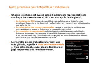 Notre processus pour l’étiquette à 3 indicateurs

!        Chaque téléphone est évalué selon 3 indicateurs représentatifs de
         son impact environnemental, et ce sur son cycle de vie global.
           –  La limitation du CO2 mesure la quantité de gaz à effet de serre émise lors des
              principales étapes de la vie du produit : sa fabrication, son transport, son utilisation ainsi
              que sa fin de vie.
           –  La préservation des ressources naturelles mesure la quantité de matières non
              renouvelables (or, argent et étain) dans la composition du produit.
           –  La conception éco-responsable valorise les autres initiatives comme l’utilisation
              limitée de substances dangereuses, la traçabilité des ressources dites « sensibles
              » (Or, tantale ou nickel), l’optimisation du packaging, les possibilités de réparation du
              produit ainsi que l’emploi de matériaux recyclés.

!        L’ensemble de ces indicateurs forment une
         note globale, appelée « note environnementale
         ». Plus celle-ci est élevée, plus le terminal est
         jugé respectueux de l’environnement.




     5
 