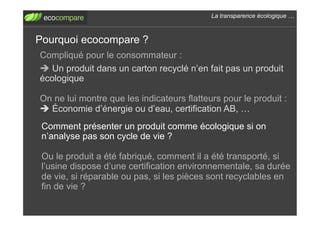 La transparence écologique !



Pourquoi ecocompare ?
Compliqué pour le consommateur :
! Un produit dans un carton recyclé n’en fait pas un produit
écologique

On ne lui montre que les indicateurs flatteurs pour le produit :
! Économie d’énergie ou d’eau, certification AB, !
 Comment présenter un produit comme écologique si on
 n’analyse pas son cycle de vie ?

 Ou le produit a été fabriqué, comment il a été transporté, si
 l’usine dispose d’une certification environnementale, sa durée
 de vie, si réparable ou pas, si les pièces sont recyclables en
 fin de vie ?
 