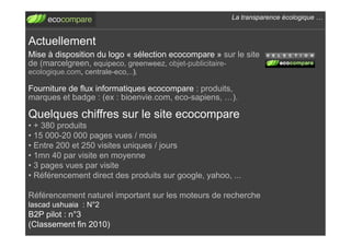 La transparence écologique !


Actuellement
Mise à disposition du logo « sélection ecocompare » sur le site
de (marcelgreen, equipeco, greenweez, objet-publicitaire-
ecologique.com, centrale-eco,..)!.

Fourniture de flux informatiques ecocompare : produits,
marques et badge : (ex : bioenvie.com, eco-sapiens, ").

Quelques chiffres sur le site ecocompare
•  + 380 produits
•  15 000-20 000 pages vues / mois
•  Entre 200 et 250 visites uniques / jours
•  1mn 40 par visite en moyenne
•  3 pages vues par visite
•  Référencement direct des produits sur google, yahoo, ...

Référencement naturel important sur les moteurs de recherche
lascad ushuaia : N°2
B2P pilot : n°3
(Classement fin 2010)
 