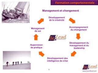 Formation comportementale

          Management et changement

               Développement
               de la créativité


                                      Accompagnement
Management
                                       du changement
  de soi




                                      Développement du
Supervision                           management et du
de pratique                              leadership



              Développement des
              intelligence de crise


               5
                                                www.beandlead.com
 