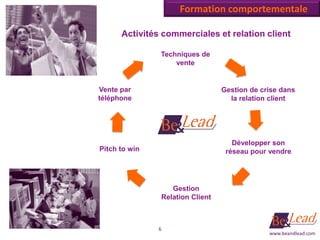 Formation comportementale

      Activités commerciales et relation client

               Techniques de
                   vente


Vente par                        Gestion de crise dans
téléphone                          la relation client




                                    Développer son
Pitch to win                      réseau pour vendre




                  Gestion
               Relation Client



               6
                                              www.beandlead.com
 