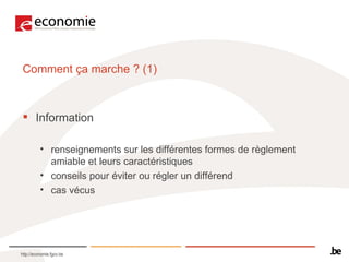 Comment ça marche ? (1) Information renseignements sur les différentes formes de règlement amiable et leurs caractéristiques conseils pour éviter ou régler un différend cas vécus 