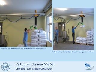 Saugfuß mit Sacksaugfuß und abwinkelbarem Manipuliergriff
Aufgebocktes Kransystem für sehr niedrige Raumhöhen
Vakuum- Schlauchheber
Standard- und Sonderausführung
 