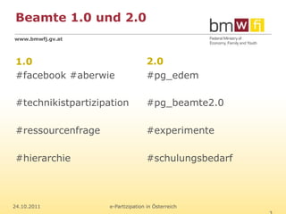 Beamte 1.0 und 2.0
www.bmwfj.gv.at




1.0                               2.0
#facebook #aberwie                #pg_edem

#technikistpartizipation          #pg_beamte2.0

#ressourcenfrage                  #experimente

#hierarchie                       #schulungsbedarf



24.10.2011         e-Partizipation in Österreich
 