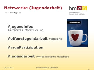 Netzwerke (Jugendarbeit)
www.bmwfj.gv.at




   #jugendinfos
   #infopeers #infoentwicklung


   #offeneJugendarbeit                  #schulung


   #argePartizipation

   #jugendarbeit        #modellprojekte #facebook



24.10.2011              e-Partizipation in Österreich
 