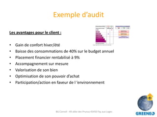 Exemple d’audit

Les avantages pour le client :

•   Gain de confort hiver/été
•   Baisse des consommations de 40% sur le budget annuel
•   Placement financier rentabilisé à 9%
•   Accompagnement sur mesure
•   Valorisation de son bien
•   Optimisation de son pouvoir d’achat
•   Participation/action en faveur de l ’environnement




                          BG Conseil - 49 allée des Prunus 45450 Fay aux Loges
 
