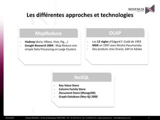 Les différentes approches et technologies
OLAP

MapReduce
-

Hadoop (Avro, HBase, Hive, Pig,…)
Google Research 2004 : Map Reduce one
simple Data Processing on Large Clusters

-

Les 12 règles d’Edgard F. Codd de 1993
MDX en 1997 avec Mosha Pasumansky
Des produits chez Oracle, SAP et Adobe

NoSQL
-

03/12/2013

Key Value Store
Column Family Store
Document Store (MongoDB)
Graph Database (Neo 4j) 2000

Groupe NOVENCIA - 25 Rue de Maubeuge 75009 PARIS - Tél. : 01 44 63 53 13 - Fax : 01 44 63 53 14 - www.novencia.com - contact@novencia.com

3

 
