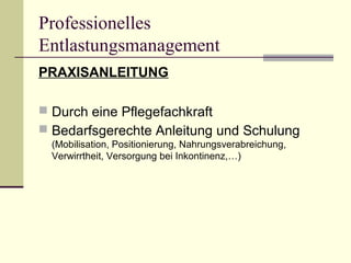 Professionelles 
Entlastungsmanagement 
PRAXISANLEITUNG 
 Durch eine Pflegefachkraft 
 Bedarfsgerechte Anleitung und Schulung 
(Mobilisation, Positionierung, Nahrungsverabreichung, 
Verwirrtheit, Versorgung bei Inkontinenz,…) 
 