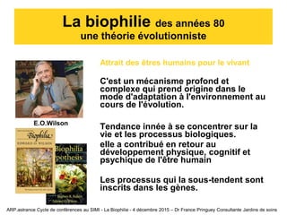 La biophilie des années 80
une théorie évolutionniste
Attrait des êtres humains pour le vivant
C'est un mécanisme profond et
complexe qui prend origine dans le
mode d'adaptation à l'environnement au
cours de l'évolution.
Tendance innée à se concentrer sur la
vie et les processus biologiques.
elle a contribué en retour au
développement physique, cognitif et
psychique de l'être humain
Les processus qui la sous-tendent sont
inscrits dans les gènes.
E.O.Wilson
ARP.astrance Cycle de conférences au SIMI - La Biophilie - 4 décembre 2015 – Dr France Pringuey Consultante Jardins de soins
 