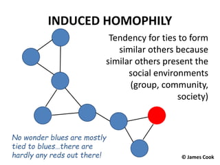 INDUCED HOMOPHILY
Tendency for ties to form
similar others because
similar others present the
social environments
(group, community,
society)
No wonder blues are mostly
tied to blues…there are
hardly any reds out there! © James Cook
 