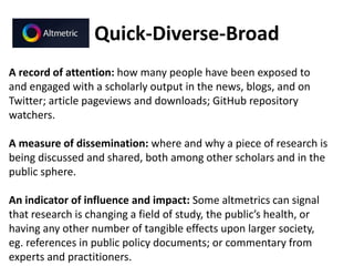 Quick-Diverse-Broad
A record of attention: how many people have been exposed to
and engaged with a scholarly output in the news, blogs, and on
Twitter; article pageviews and downloads; GitHub repository
watchers.
A measure of dissemination: where and why a piece of research is
being discussed and shared, both among other scholars and in the
public sphere.
An indicator of influence and impact: Some altmetrics can signal
that research is changing a field of study, the public’s health, or
having any other number of tangible effects upon larger society,
eg. references in public policy documents; or commentary from
experts and practitioners.
 