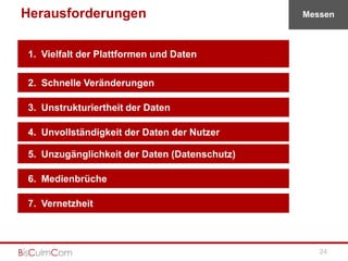 Herausforderungen                             Messen



1. Vielfalt der Plattformen und Daten

2. Schnelle Veränderungen

3. Unstrukturiertheit der Daten

4. Unvollständigkeit der Daten der Nutzer

5. Unzugänglichkeit der Daten (Datenschutz)

6. Medienbrüche

7. Vernetzheit



                                                 24
 
