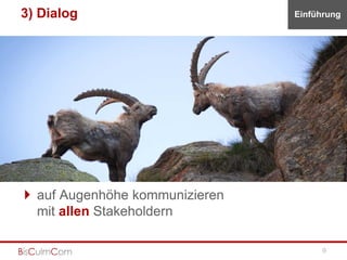 3) Dialog                       Einführung




 auf Augenhöhe kommunizieren
  mit allen Stakeholdern

                                      9
 