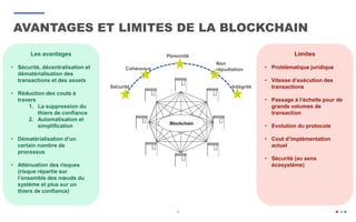 8
AVANTAGES ET LIMITES DE LA BLOCKCHAIN
Les avantages
• Sécurité, décentralisation et
dématérialisation des
transactions et des assets
• Réduction des couts à
travers
1. La suppression du
thiers de confiance
2. Automatisation et
simplification
• Dématérialisation d’un
certain nombre de
processus
• Atténuation des risques
(risque répartie sur
l’ensemble des nœuds du
système et plus sur un
thiers de confiance)
Limites
• Problématique juridique
• Vitesse d’exécution des
transactions
• Passage à l’échelle pour de
grands volumes de
transaction
• Evolution du protocole
• Cout d’implémentation
actuel
• Sécurité (au sens
écosystème)
Blockchain
Pérennité
IntégritéSécurité
Cohérence
Non
répudiation
 