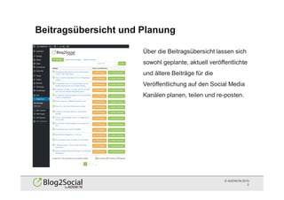 © ADENION 2015
Beitragsübersicht und Planung
3
Über die Beitragsübersicht lassen sich
sowohl geplante, aktuell veröffentlichte
und ältere Beiträge für die
Veröffentlichung auf den Social Media
Kanälen planen, teilen und re-posten.
 