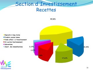 Section d'Investissement
                                            Recettes
                                                     45,56%




Emprunts à long terme
Produits cession immos
Fonds affect. à l'investissement
Vir.section fonctionnement
Subventions
Amort. des immobilisations         3,17%                               18,20%

                                    3,27%


                                            12,20%
                                                              17,61%




                                                                          15
 