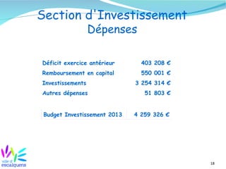 Section d'Investissement
                  Dépenses

Déficit exercice antérieur      403 208 €
Remboursement en capital        550 001 €
Investissements               3 254 314 €
Autres dépenses                  51 803 €


 Budget Investissement 2013   4 259 326 €




                                            18
 