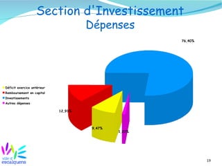 Section d'Investissement
                                      Dépenses
                                                       76,40%




Déficit exercice antérieur
Remboursement en capital
Investissements
Autres dépenses

                             12,91%




                                       9,47%
                                               1,22%




                                                                19
 