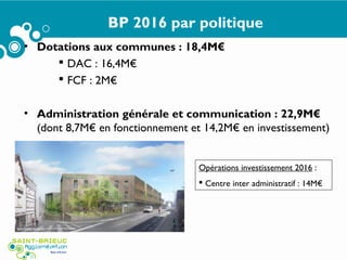 BP 2016 par politique
• Dotations aux communes : 18,4M€
 DAC : 16,4M€
 FCF : 2M€
• Administration générale et communication : 22,9M€
(dont 8,7M€ en fonctionnement et 14,2M€ en investissement)
Opérations investissement 2016 :
 Centre inter administratif : 14M€
 