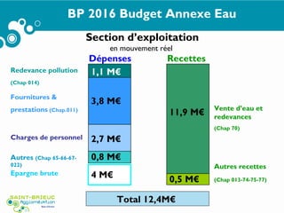 Section d’exploitation
en mouvement réel
1,1 M€
Dépenses Recettes
Autres recettes
(Chap 013-74-75-77)
11,9 M€
Redevance pollution
(Chap 014)
Autres (Chap 65-66-67-
022)
Vente d’eau et
redevances
(Chap 70)
0,8 M€
2,7 M€Charges de personnel
Total 12,4M€
BP 2016 Budget Annexe Eau
3,8 M€Fournitures &
prestations (Chap.011)
4 M€Epargne brute
0,5 M€
 