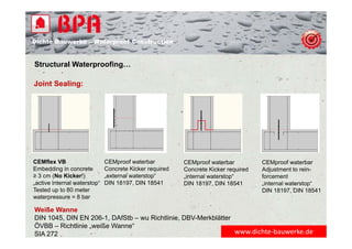 Dichte Bauwerke – Waterproof Construction
Structural Waterproofing…
www.dichte‐bauwerke.de
Joint Sealing:
CEMflex VB
Embedding in concrete
≥ 3 cm (No Kicker!)
„active internal waterstop“
Tested up to 80 meter
waterpressure = 8 bar
CEMproof waterbar
Concrete Kicker required
„external waterstop“
DIN 18197, DIN 18541
CEMproof waterbar
Concrete Kicker required
„internal waterstop“
DIN 18197, DIN 18541
CEMproof waterbar
Adjustment to rein-
forcement
„internal waterstop“
DIN 18197, DIN 18541
Weiße Wanne
DIN 1045, DIN EN 206-1, DAfStb – wu Richtlinie, DBV-Merkblätter
ÖVBB – Richtlinie „weiße Wanne“
SIA 272
 