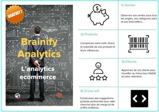 L’analytics
ecommerce
2) Produits
Comprenez votre trafic direct,
la notoriété de vos produits et
leurs influences.
3) Clients
Apprenez de vos clients pour
travailler au mieux leur fidélité
et votre rétention.
4) Cross sell
Construisez des suggestions
produits pertinentes pour aller
chercher plus de marge et de
chiffre d'affaires.
1) Ventes
Observez vos ventes sous tous
les angles, vos catégories stars
et vos best-sellers…
Brainify
Analytics
 
