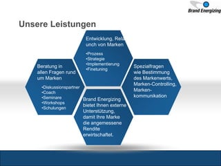 Unsere Leistungen
Entwicklung, Rela
unch von Marken
•Prozess
•Strategie
•Implementierung
•Finetuning
Beratung in
allen Fragen rund
um Marken
•Diskussionspartner
•Coach
•Seminare
•Workshops
•Schulungen
Spezialfragen
wie Bestimmung
des Markenwerts,
Marken-Controlling,
Marken-
kommunikation
Brand Energizing
bietet Ihnen externe
Unterstützung,
damit Ihre Marke
die angemessene
Rendite
erwirtschaftet.
 