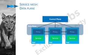 Pod
Pod
SERVICE MESH:
DATA PLANE
Control Plane
Proxy Proxy
Service Service
Pod
Proxy
Service
Data Plane
 