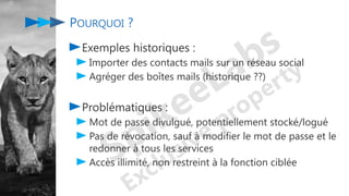 POURQUOI ?
Exemples historiques :
Importer des contacts mails sur un réseau social
Agréger des boîtes mails (historique ??)
Problématiques :
Mot de passe divulgué, potentiellement stocké/logué
Pas de révocation, sauf à modifier le mot de passe et le
redonner à tous les services
Accès illimité, non restreint à la fonction ciblée
 
