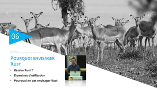 06
• Késako Rust ?
• Domaines d’utilisation
• Pourquoi ne pas envisager Rust
POURQUOI ENVISAGER
RUST
Alexis Delhelle
Ingénieur d'études et de développement @ MAX Digital Services
 