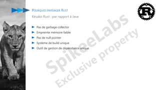 POURQUOI ENVISAGER RUST
Késako Rust : par rapport à Java
Pas de garbage collector
Empreinte mémoire faible
Pas de null pointer
Système de build unique
Outil de gestion de dépendance unique
 