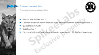 POURQUOI ENVISAGER RUST
Pourquoi ne pas envisager Rust
Peut-on faire un SI en Rust ?
Combien de version majeur de retard en fin de développement de mon application ?
Qui sait faire du Rust ?
Coût/bénéfice ?
Est-ce une lubie pour faire jolie ou attirer des investisseurs ? (IA, BigData, ServerLess)
 