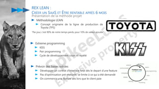 Méthodologie LEAN
Concept originaire de la ligne de production de
Toyota (TPS)
REX LEAN :
CRÉER UN SAAS ET ÊTRE RENTABLE APRÈS 6 MOIS
Présentation de la méthode projet
"Par jour, c'est 90% de notre temps perdu pour 10% de valeur-ajoutée"
Extreme programming
KISS
Pair programming
Cycle de développement court et répété
Prévoir des bases solides
Développer un contrat d’interface final dès le depart d’une feature
Pas d’optimisation pré-maturée, se limite à ce qui a été demandé
On commence une feature dès lors que le client paie
 
